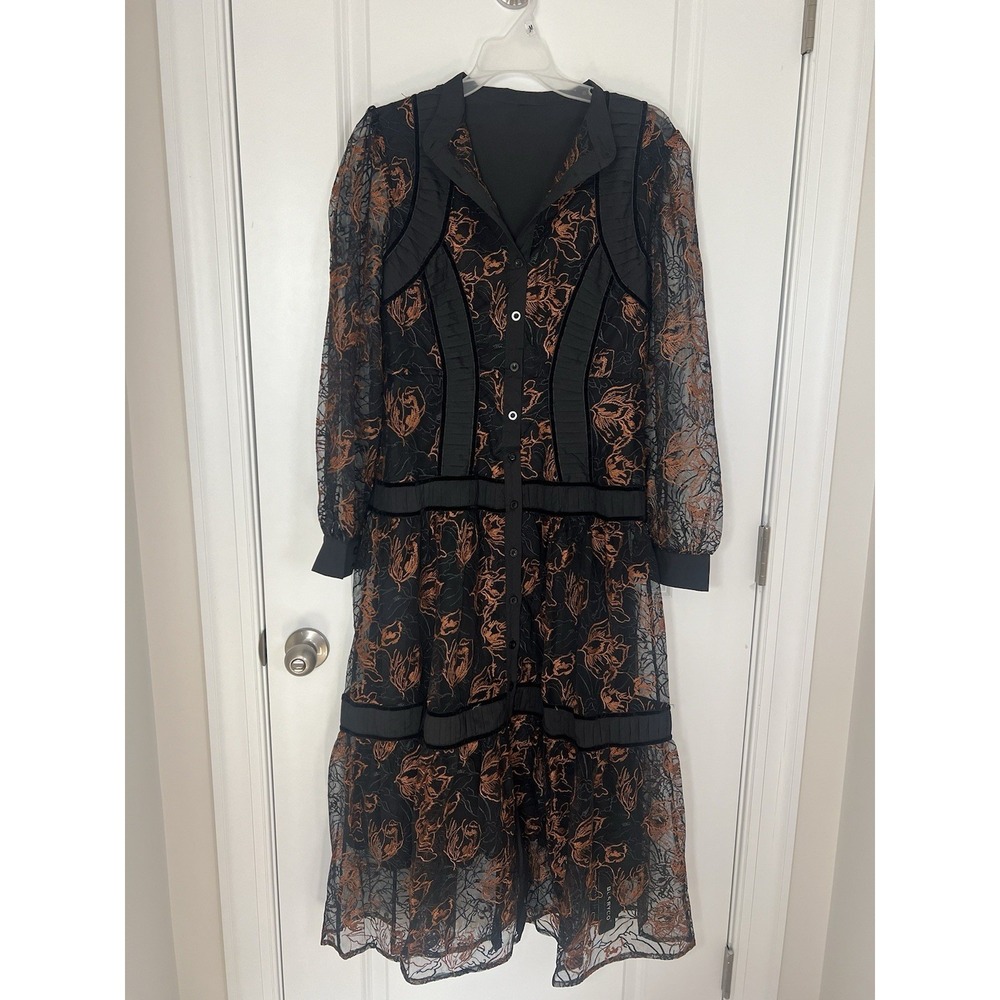Women's Burryco Black Orange‎ Sheer Lace Midi Dress Size 6 Goth Romantic Witchy